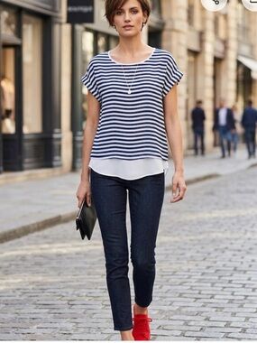 a.n.a Navy and White Striped Short Sleeve Layered Blouse